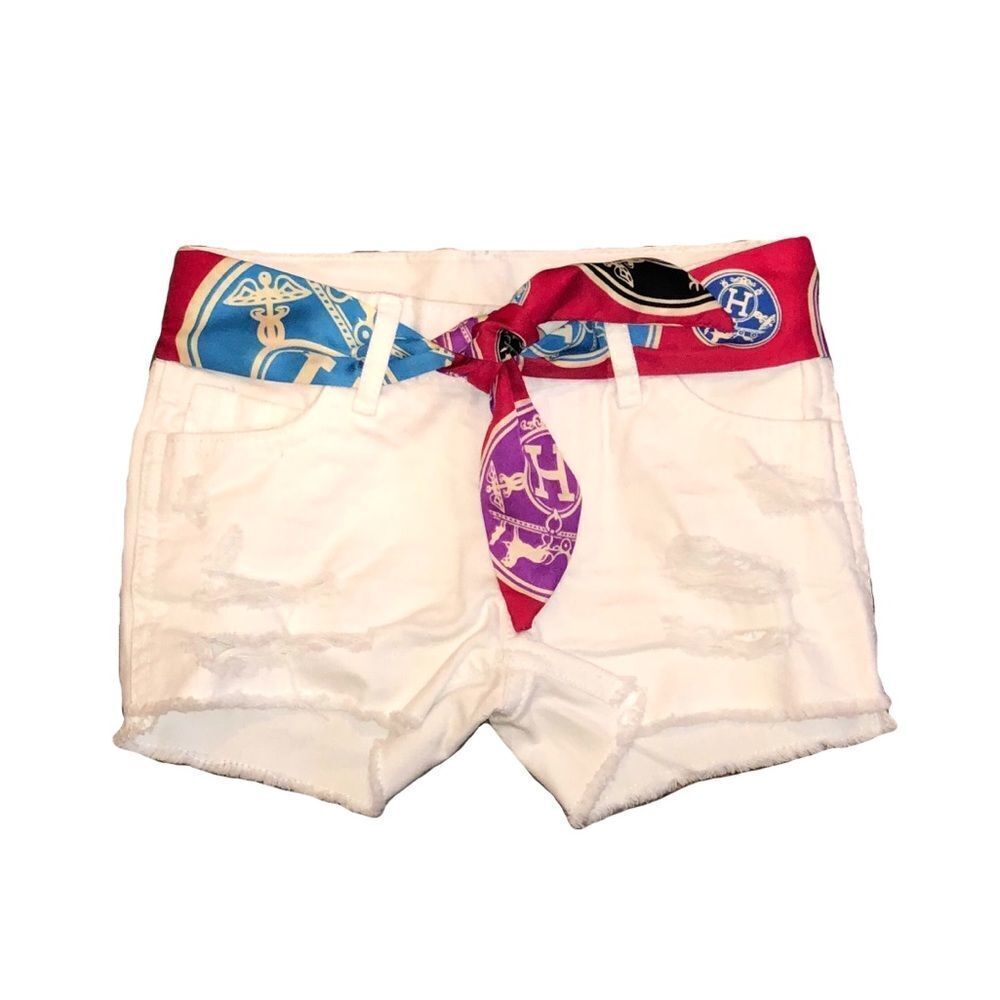 Kid’s White Denim Shorts W/ Silk Belt